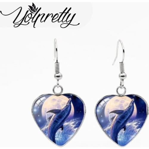 2021 New Painting Dolphin with Ocean Waves Stainless Steel Heart Dangles Handcraft Fish Hook Earrings