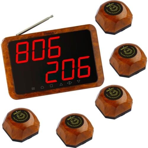 SINGCALL Wireless Call Bell System for a Restaurant or Bar of 5 Tables, Including 5pcs Table Buzzers and 1 APE1200 Displayer