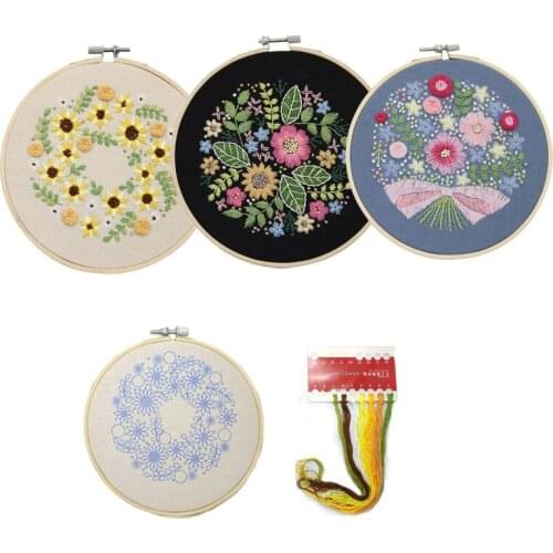 DIY Flower Embroidery Kit with Bamboo Hoop for Beginner Needlework Pattern Printed Cross Stitch Sewing Art Craft Home Decor