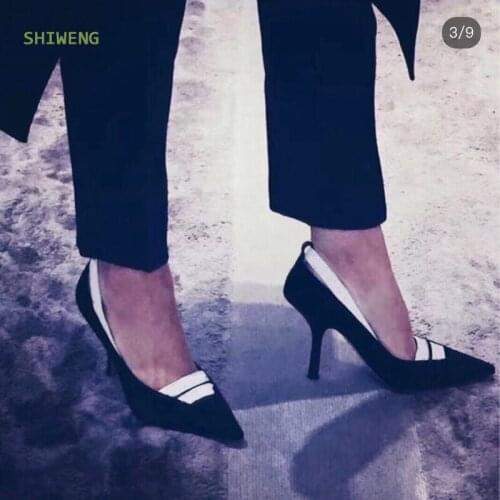 2021 New Fashion Patent Point Toe Summer Sandals Women Knitted Slingback Low Heel Shoes Spring Autumn High Heel Pumps