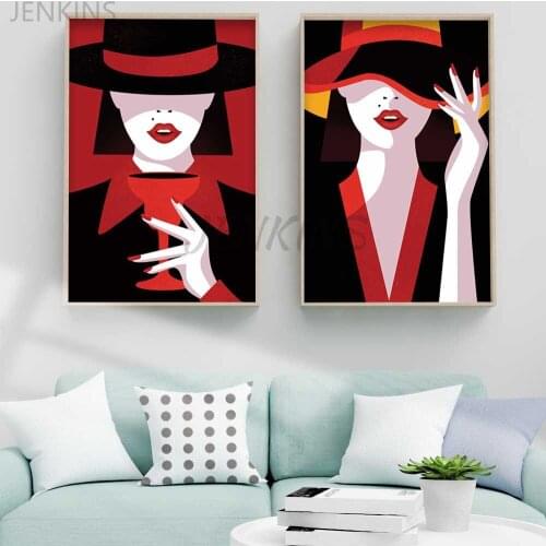 Nordic figure canvas painting fashion model hat abstract art canvas painting living room corridor office home decoration mural