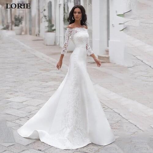 LORIE 2 Pieces Mermaid Wedding Dress Satin Lace Bride Dresses Off The Shoulder Vestido de novia 2019 Wedding Gown