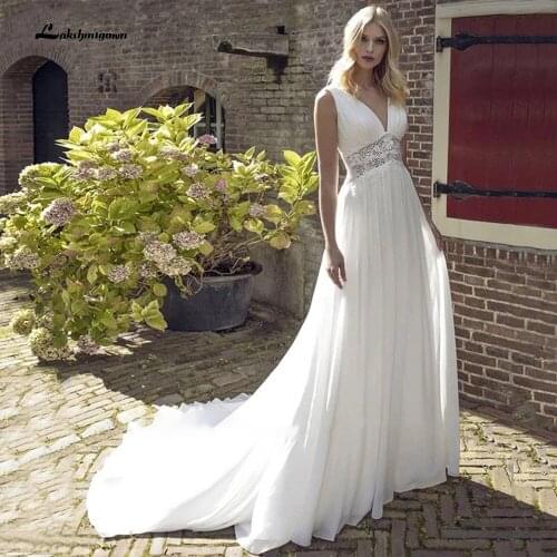 Boho Wedding Dress 2021 Beach Simple Lace Chiffon Sexy V-Neck A-Line Floor Length Robe De Mariee Short Sleeve Lace Appliques