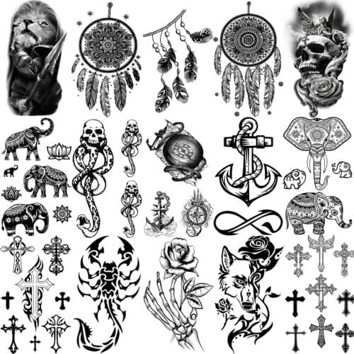 Anchor Elephant Mandala Temporary Tattoos For Women Adult Men Kids Cross Skull Rose Flower Fake Tattoo Cute Tiny Small Tatoos