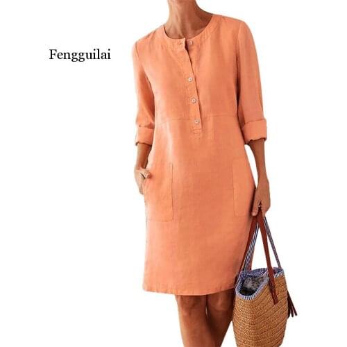 Plus Size Casual Solid Color Cotton Linen Women Long Sleeve Tunic Kaftan Dress length vestidos summer dresses 5XL