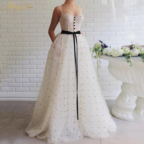 Fairy Ivory Prom Dresses Pocket Spaghetti Straps Black Dot Tulle Evening Dress Buttons Belt A Line Formal Party Gown Cheap Plus