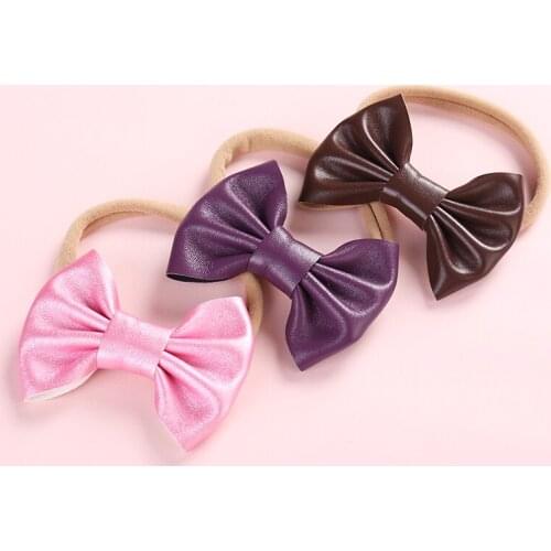 3pcs/lot Baby Girls Pu Leather Bows Nylon Headbands Fashion Girls Knotbows Nylon Head Bands Infant Toddlers Hair Wraps Head Wear
