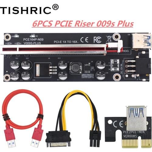 6PCS TISHRIC PCI E 16x PCIE Riser 009s Plus Mining Super Verson 6Pin USB3.0 Cable Extender Video Card Riser Bitcoin Mining Miner