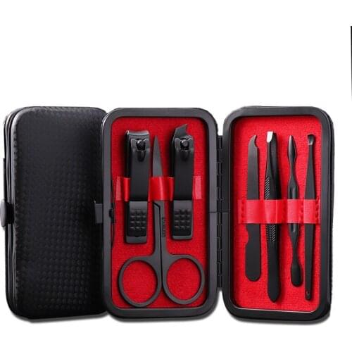 7Pcs/Set Stainless Steel Black Travel Manicure Pedicure Cuticle Pusher Nail Clipper Eyebrow Scissors Set Grooming Kit