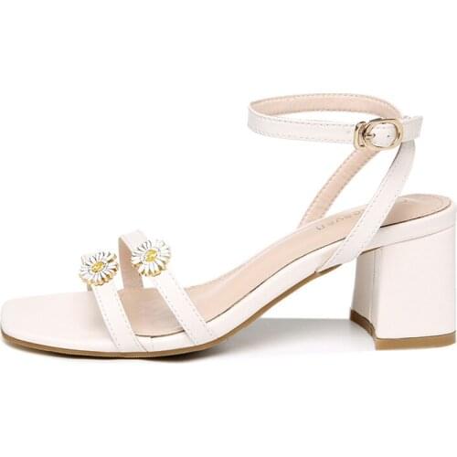 6008 summer new Guciheaven open-toe thick-heeled sandals small daisy decoration straight buckle solid color shoes