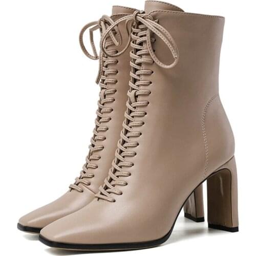 Fashion Ankle Boots For Women Leather High Heels Lace Up Blue Beige Short Party Shoes Square Toe Western Boots For Women Autumn