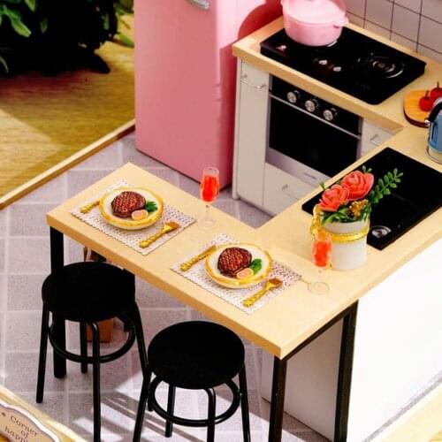 1:24 Wooden Dollhouse Miniatures DIY Kitchen Kit with Dust Cover & LED Light
