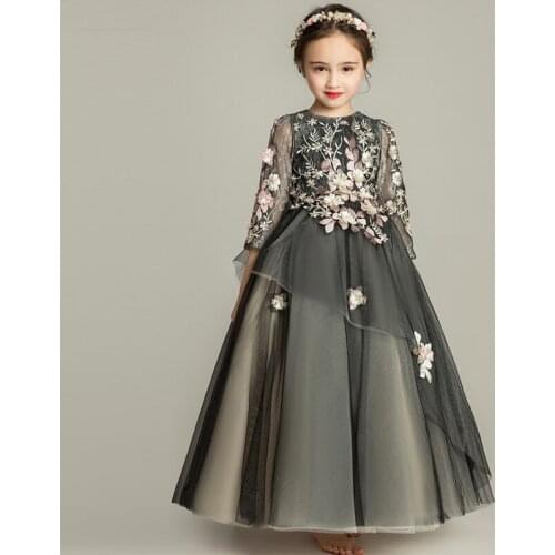 Autumn Winter Children Girls Gorgeous Black Color Birthday Evening Party Flowers Princess Lace Dress Model Catwalk Host Dress