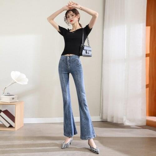 Spring High Waisted Jean Pants Office Lady Casual Bottom Simple Design Full Length Denim Blue Flare Jeans Women Freeshipping