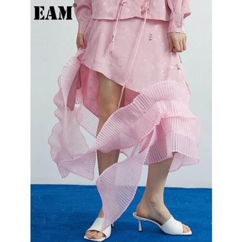 [EAM] High Elastic Waist Pink Ruffle Irregular Print Spliced Half-body Skirt Women Fashion Tide New Spring Summer 2021 1DD7422
