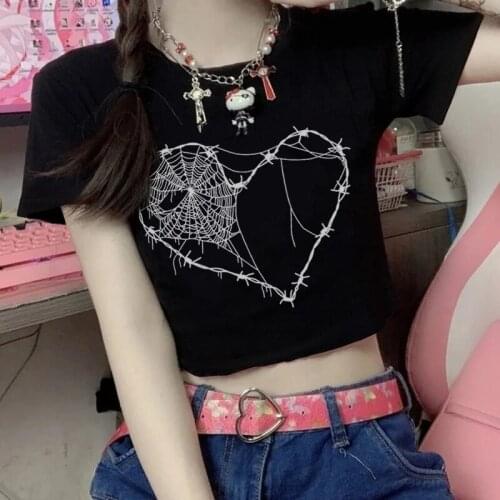 Harajuku Grunge Gothic Dark Punk Skull Print Graphic T-Shirt Spider Web Skeleton Casual Chic Streetwear Y2K Casual Slim Crop Top