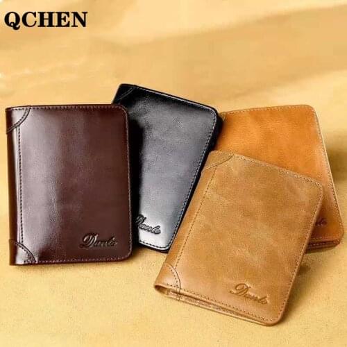QCHEN Mens wallet short RFID anti-theft business leather new wallets money leisure small SD card bag oil wax Without zipper 880