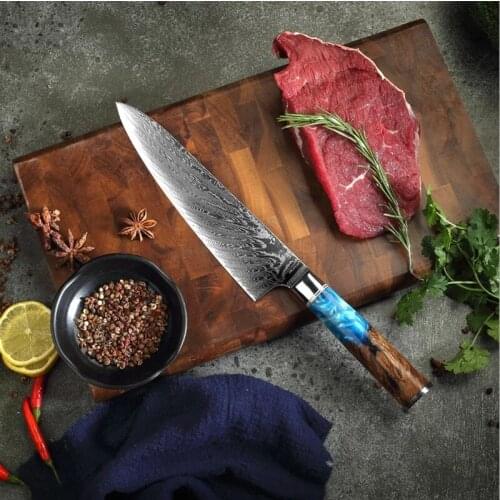 Damascus Steel Chefs Knife Slicing Knife Blue Resin Handle Kitchen Kitchen Knife Chefs Knife