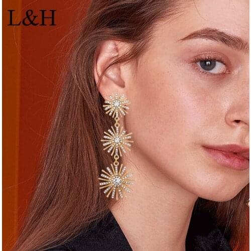 L&H Fashion Exaggerated Luxury Crystal Gold Sliver Color Drop Earrings Long Statement Snowflake Dangle Earring For Women Jewelry