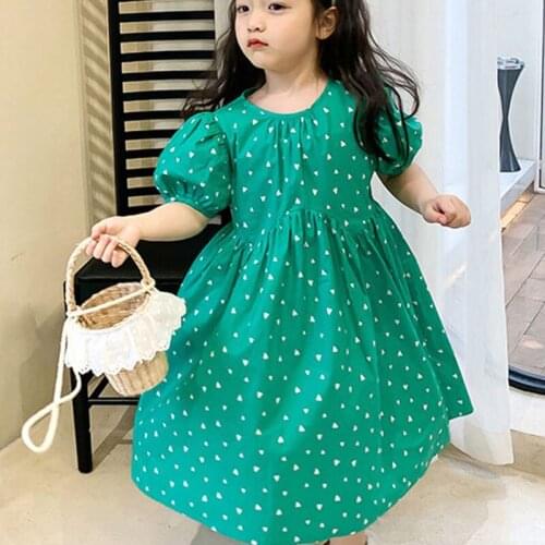 Summer Girls Dress Fresh Style Love Printed Puff Sleeve Princess Dress Baby Kids Clothes ChildrenS Clothing