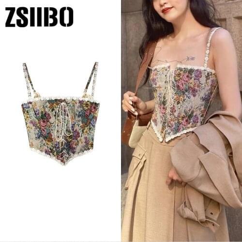 Summer western style retro crop top broken flowers slim slimming lace corset Womens tube top Camisole vintage cloth Bandage