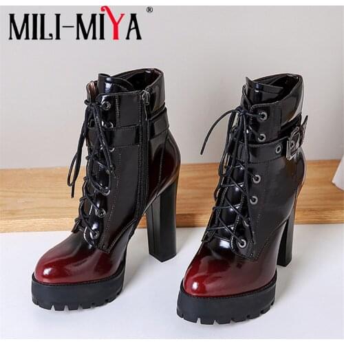 MILI-MIYA New Arrival Women Cow Leather Ankle Boots Lace-Up Zipper Buckle Strap Super High Heels Platform Plus Size 34-41