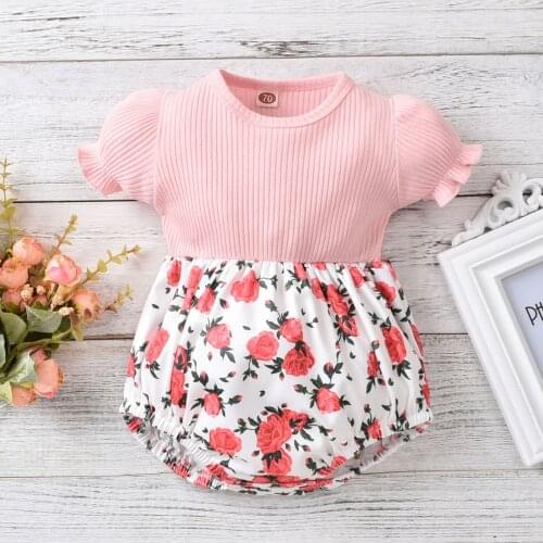 Summer Cute Baby Girls Casual Romper Floral Printed Pattern Patchwork Short Sleeve Ribbed Infant Little Girls Jumpsuit Clothes