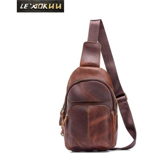 Men Quality Leather Casual Fashion Chest Sling Bag 8" Tablet Umbrella Brown Design One Shoulder Daypack Crossbody Bag Male 8002d