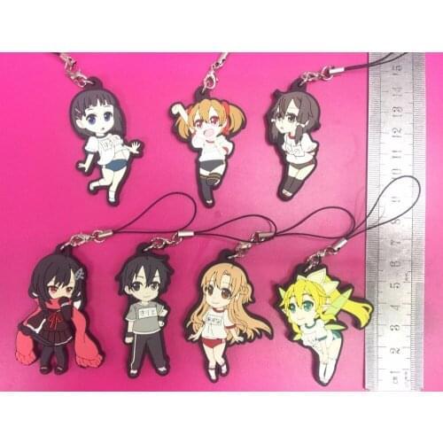 2018 New Arrival 7pcs/lot Original Japanese anime figure Sword Art Online rubber mobile phone charms keychain strap F004