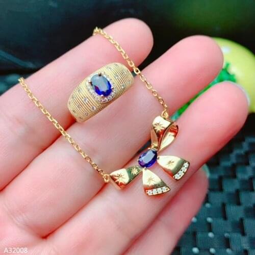 KJJEAXCMY925 sterling silver natural sapphire girl necklace pendant + ring set leaves new luxury fashion support testing