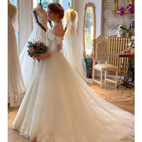 Princess A Line Wedding Dress Off Shoulder Court Train Sweetheart Bridal Gowns Appliques Lace Beaded Vestidos For Women