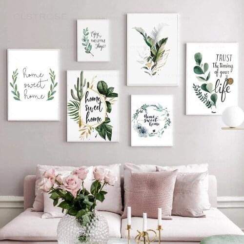 Green Leaves Posters Family Simple Quote Sweet Home Print Pictures Nordic Wall Art Canvas Painting for Modern Living Room Decor