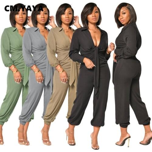 CM.YAYA Autumn Loose Womens Jumpsuit Sexy Club Party One Piece Overall High Waist With Bow Rompers Outfit