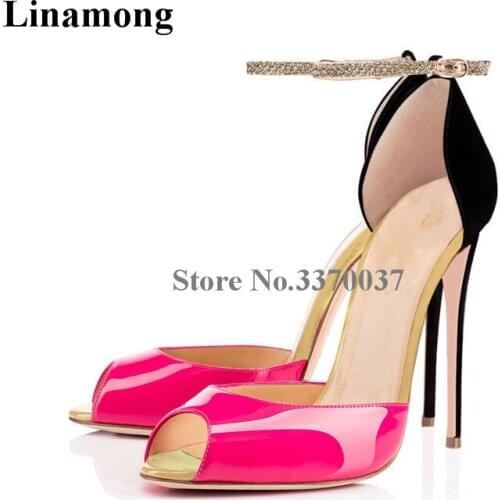 Brand Design Peep Toe Patent Leather Stiletto Thin Heel Patchwork Colors Pumps Ankle Strap 12cm Super High Heels Club Shoes