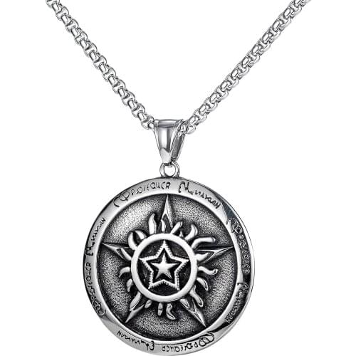 Punk Hip Hop Pentagram Round Pendants Men Necklaces Retro Goth Stainless Steel Neck Chain Jewelry Accessories Necklace Wholesale