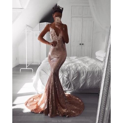 Rose Gold Mermaid Evening Dresses 2019 Spaghetti Straps Lace Applique Sequined Floor Length Backless Trumpet Formal Prom Dress