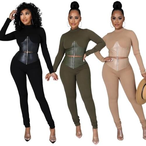 Fashion PU Leather Patchwork Solid Tracksuit Women Sexy Zipper Slip Long Sleeve Crop Top + Pants Two Piece Set Club Outfits Y2K