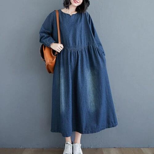 Size 4XL 120kg Autumn Denim Dress O Neck Long Sleeve Dress Women Denim Maxi Dresses Casual Loose Long Dress