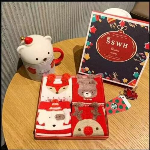 4pair Women Sock Winter Warm Colorful kawaii Socks Soft Cotton Cute Santa Claus Deer Socks For Girl Christmas Gift sock With Box