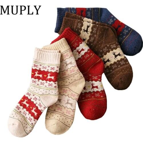 5Pair\Lot Winter Christmas Socks Women High Tube Thickening Warm Soft Print Elk Women Socks Chaussette Femme WholeSale