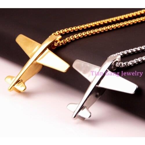 Rock Silver Color/Gold/Black Color 316L Stainless Steel Airpane Design Biker Pendant Necklace 24" Box Chain Men Boys Gift