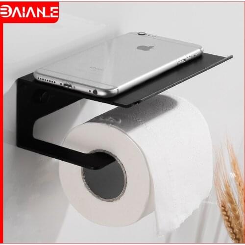 Toilet Paper Holder Black Aluminum Creative Paper Towel Holder Wall Mount Bathroom Roll Paper Holder Mobile Phone Storage Shelf