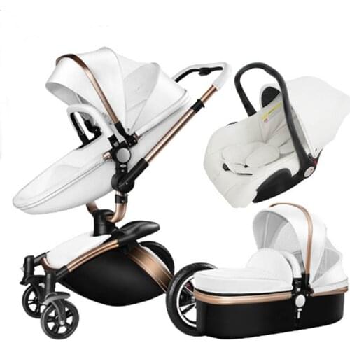 3 In 1 Baby Stroller Leather Two-way High Landscape Stroller 360 Degree Turn Can Sit Foldable Shock Absorber Baby Car Seat