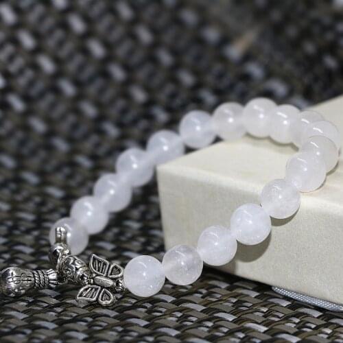 Elegant Women Rope Beaded Bracelet Natural White Jades Chalcedony Stone 8mm Round Beads Hot Sale Jewelry Making 7.5inch B2044
