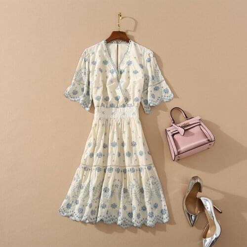 And American womens European wear 2021 summer new style Short sleeve v-neck Hollowed-out embroidered fashionable cotton dress