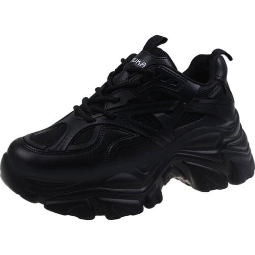 2021 New Spring Korean White Chunky Sneakers For Women Shoes Thick Sole Black Platform Sneakers Ladies Leather Casual Shoes