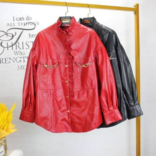 Korean Style Womens loose leather jackets Autumn 2021 High Quality genuine leather stand collar ruffles coat C586