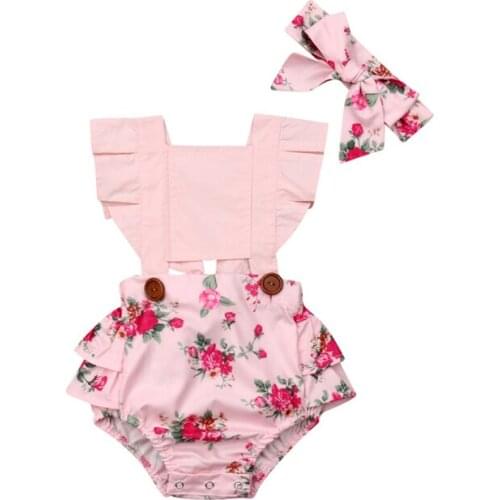 Baby Summer Clothing Infant Baby Girl Rompers Ruffles Short Sleeve Floral Princess Jumpsuit Headband 2pcs Outfits 0-24M