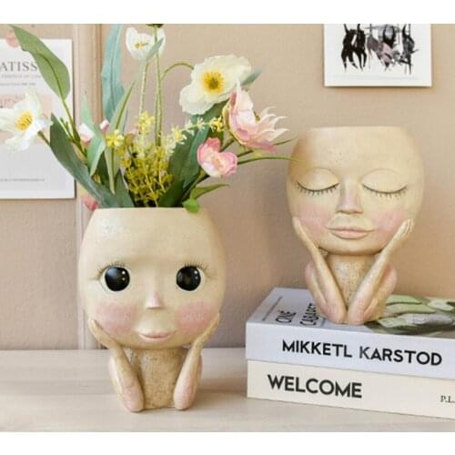 Nordic Art Human Head Vase Face Flower Pot Doll Design Resin Flower Pots Cute Home Decor Succulents Planter Head Shape Vase