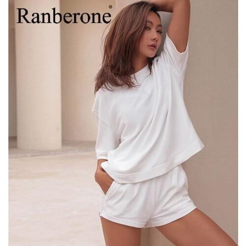 Ranberone Solid Porty Women Two Piece Outfits Cropped Top Short Sleeve + Shorts Matching Sets Tracksuits Gym Casual Outfits